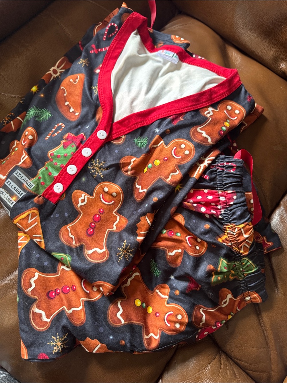 Adult Gingerbread Print Pajama Set - Red Trim